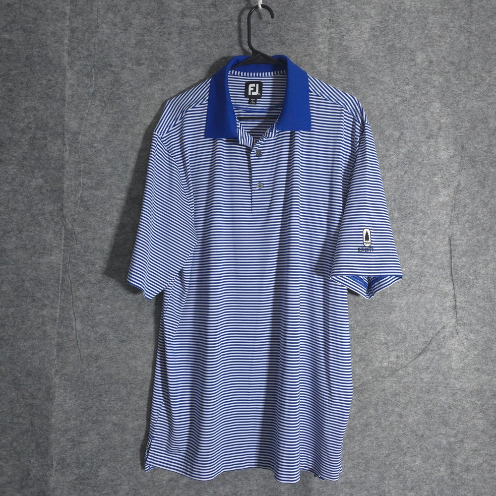 FootJoy Men XL Blue Striped Golf Polo Shirt Riverton 1900 Logo Performance Sport